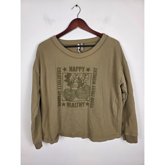 Ischiko Tops - ISCHIKO Women's Olive Green Long Sleeve Graphic Tee Size 8/10 Happy Healthy
